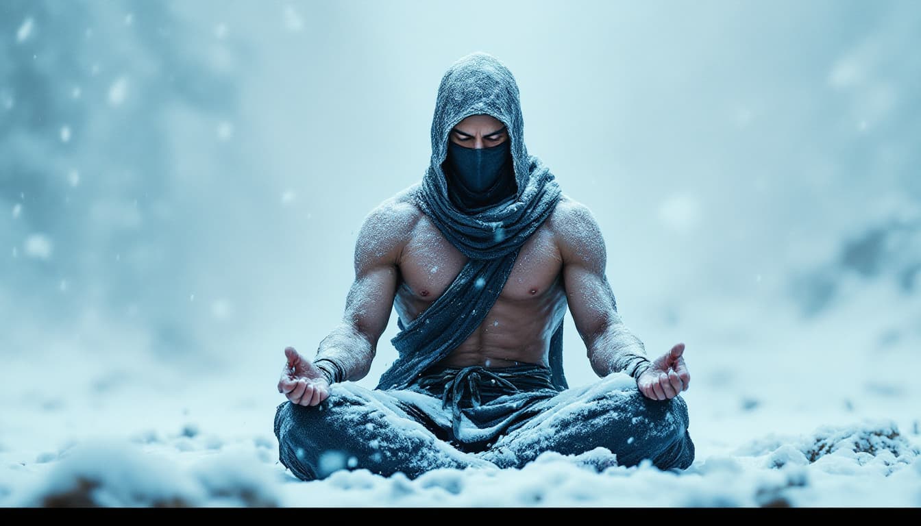 AI generated:  A hyper-realistic, cinematic image of a lone ninja sitting in deep meditation amidst a violent bliz...