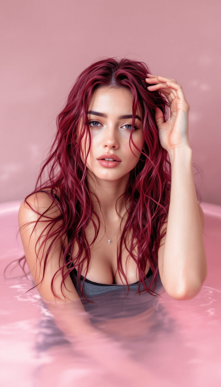 AI generated: The image features a person in a body of . with wet hair cascading down. They are wearing a fitted g...