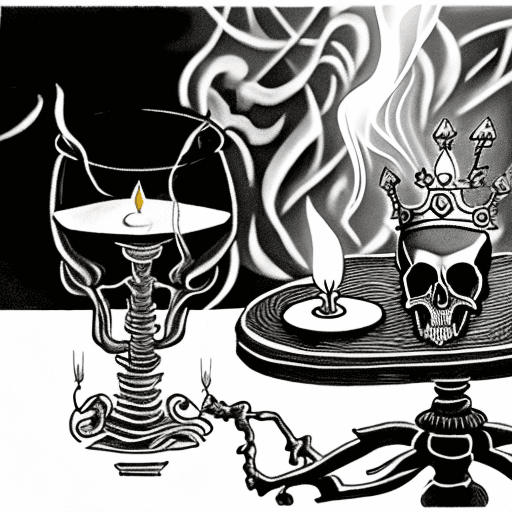 AI generated: A minimalist black and white tattoo scene with an ornate table. On the table: a skull with a laurel ...
