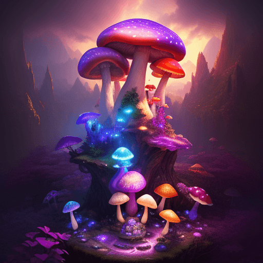 AI generated: High resolution fantasy photography of a lumiessence mushroom landscape, lumiessence colorfull magic...