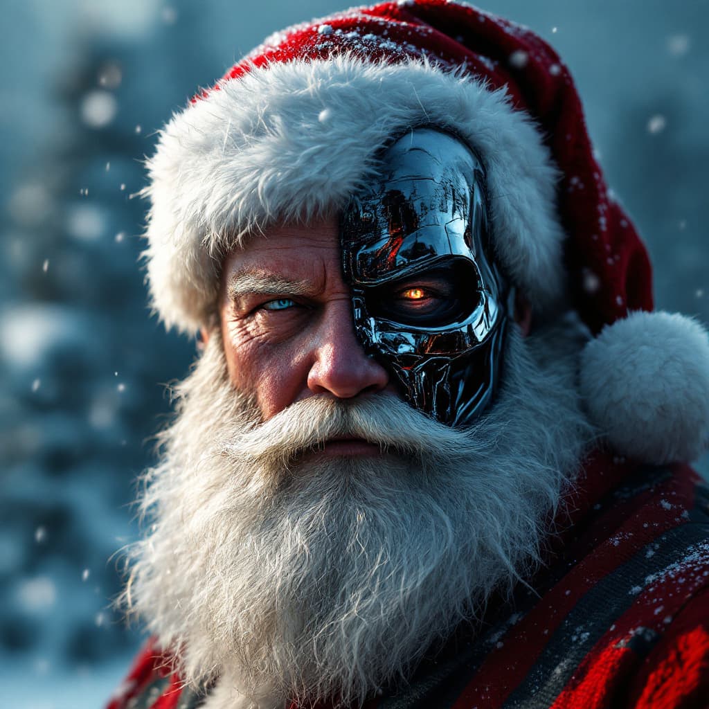 AI generated: Santa Claus, with half face terminator, Christmas hat, detailed 4k.