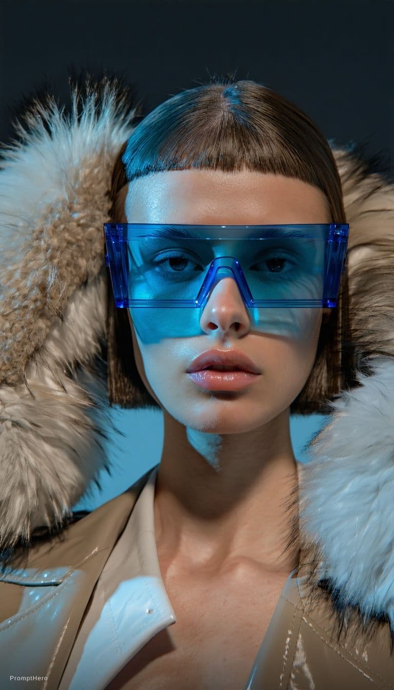 AI generated: Fashion shoot, Jacquemus and Moncler collaboration: dark blue translucent futuristic sunglasses, hyp...