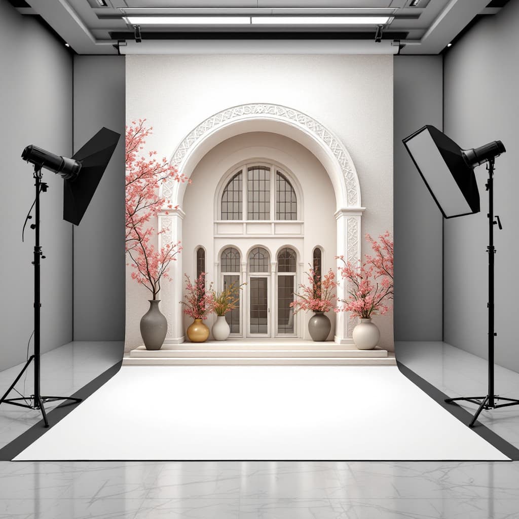 AI generated: generate an image of a photography studio backdrop that has a building with modern arc on it with fl...