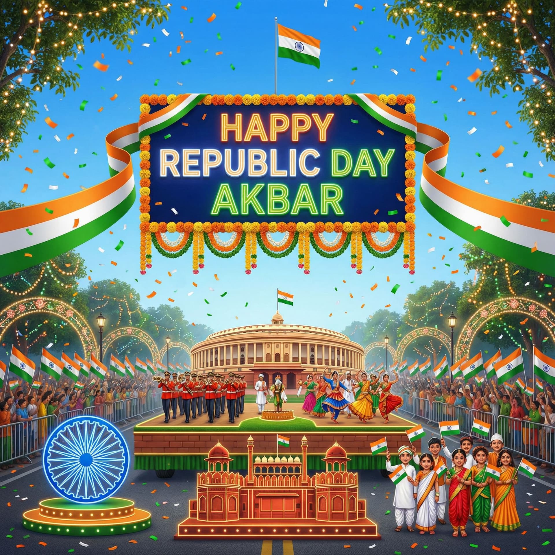 AI generated: Create a vibrant and radiant image on the occasion of Happy Republic day with name AKBAR and all the...