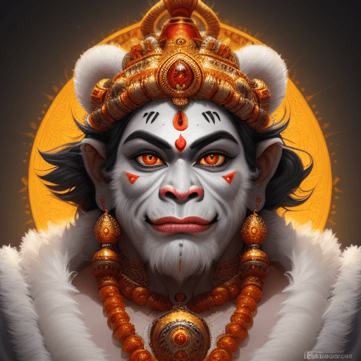 AI generated: the face of a hanuman ji dressed in demon attire, in the style of light gray and light gold, vibrant...