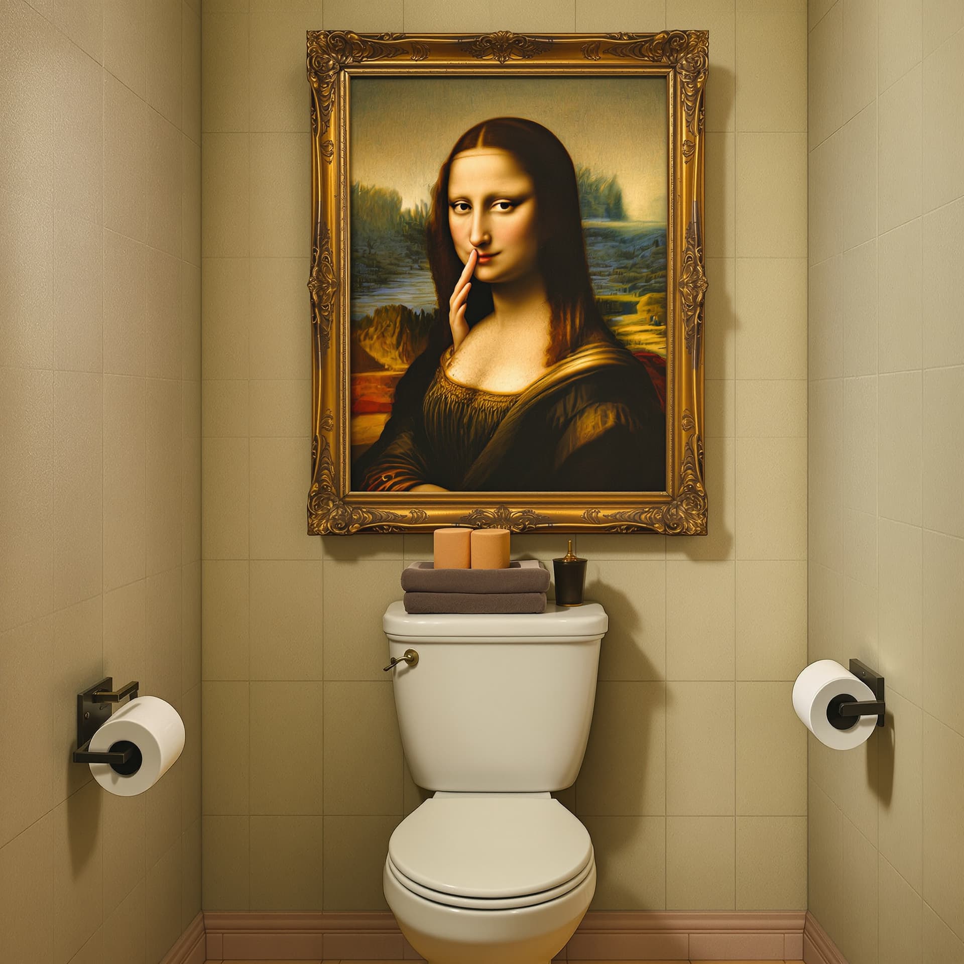 AI generated: Mona Lisa holding her NOSE An oil painting of Mona Lisa holding her nose! over the top of a toilet b...