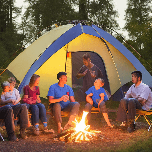AI generated: A family camping scene in a lush green forest. A campfire burns in the center with the family sittin...