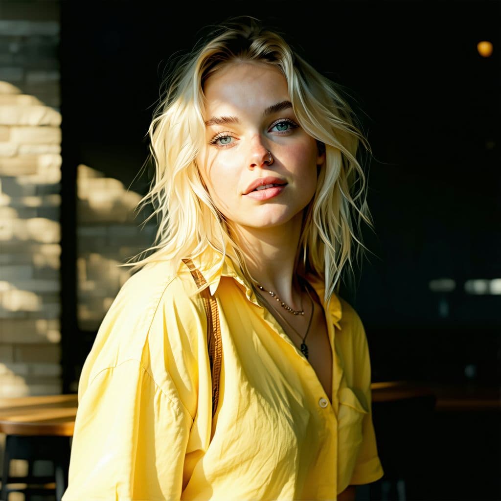 AI generated: blond girl in a yellow shirt is posing, soft, atmospheric lighting --chaos 33 --ar 1:2 --profile yru...
