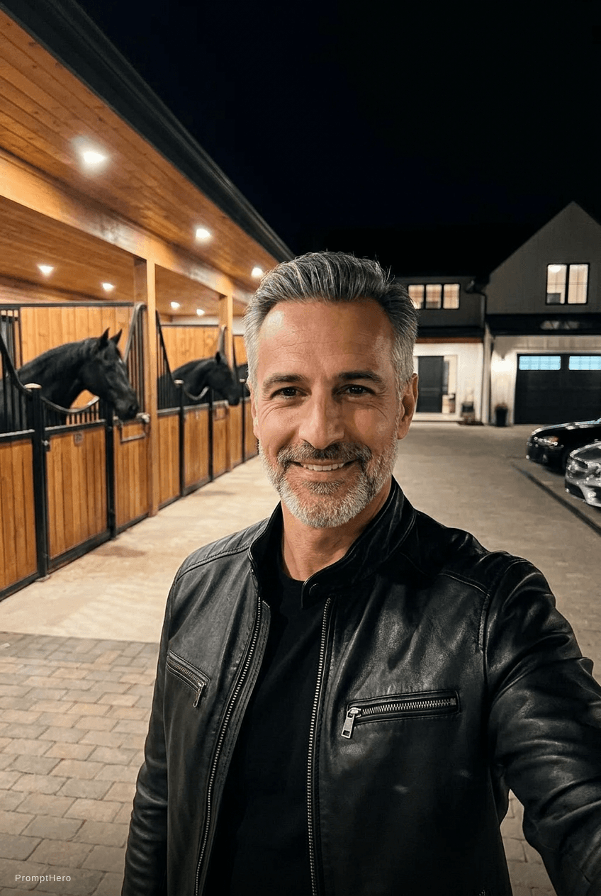 AI generated: Ultra realistic smartphone selfie photo, WhatsApp camera style, billionaire luxury ranch at night, m...