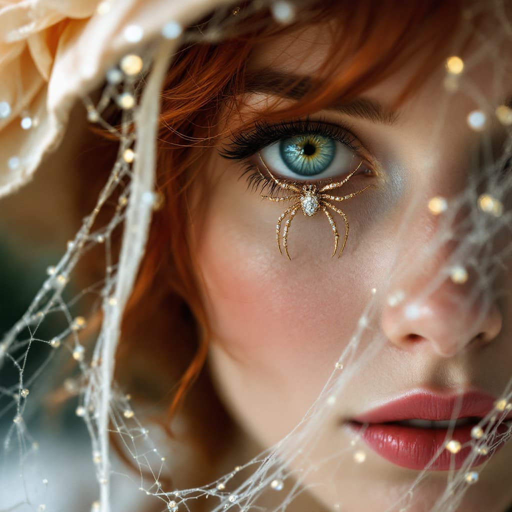 AI generated: Close-up of a beautiful red-haired woman, wearing an elegant hat with a stunning spider brooch, a de...
