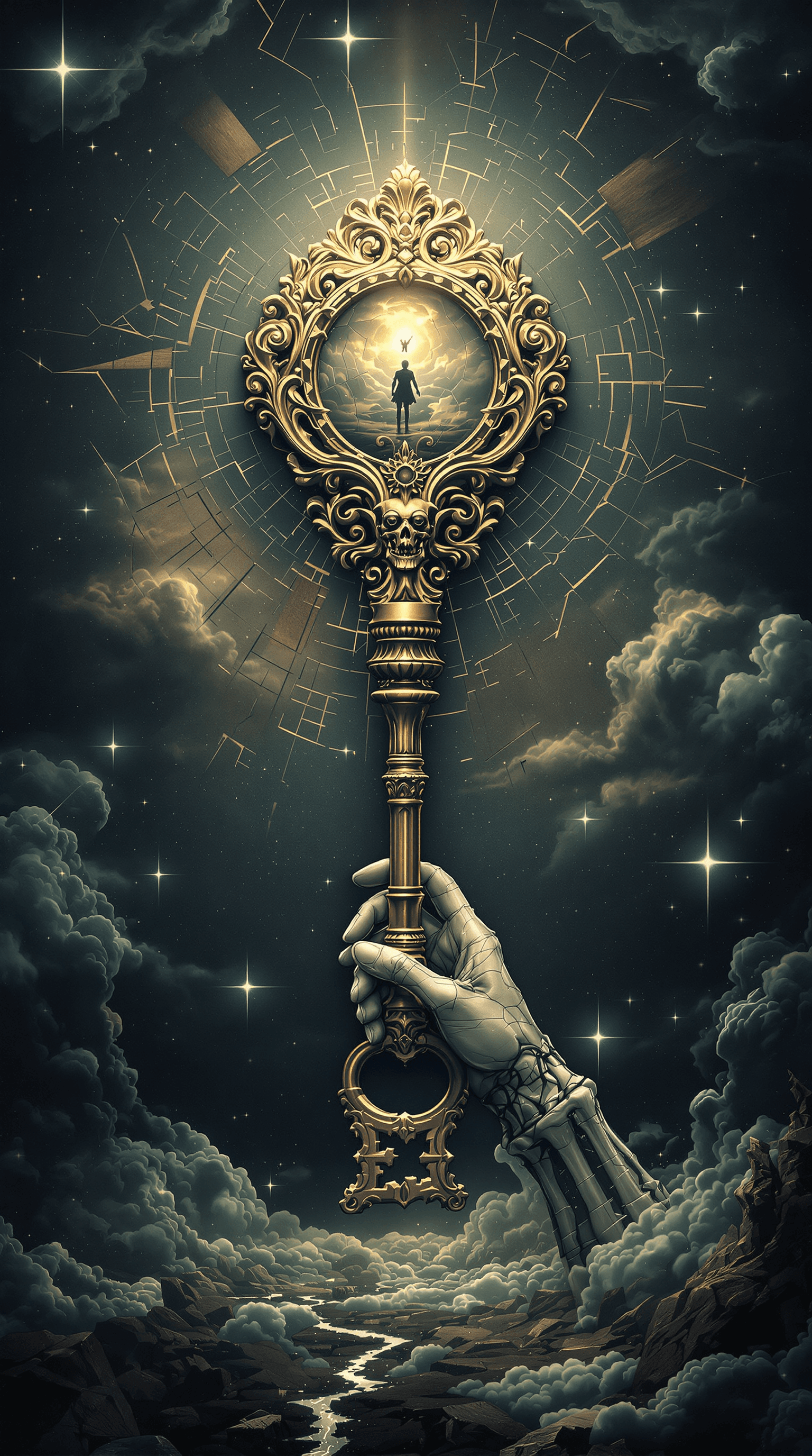 AI generated:  a vintage surreal key, a broken mirror, and a hand made of bone hold the key to unlocking a hidden ...