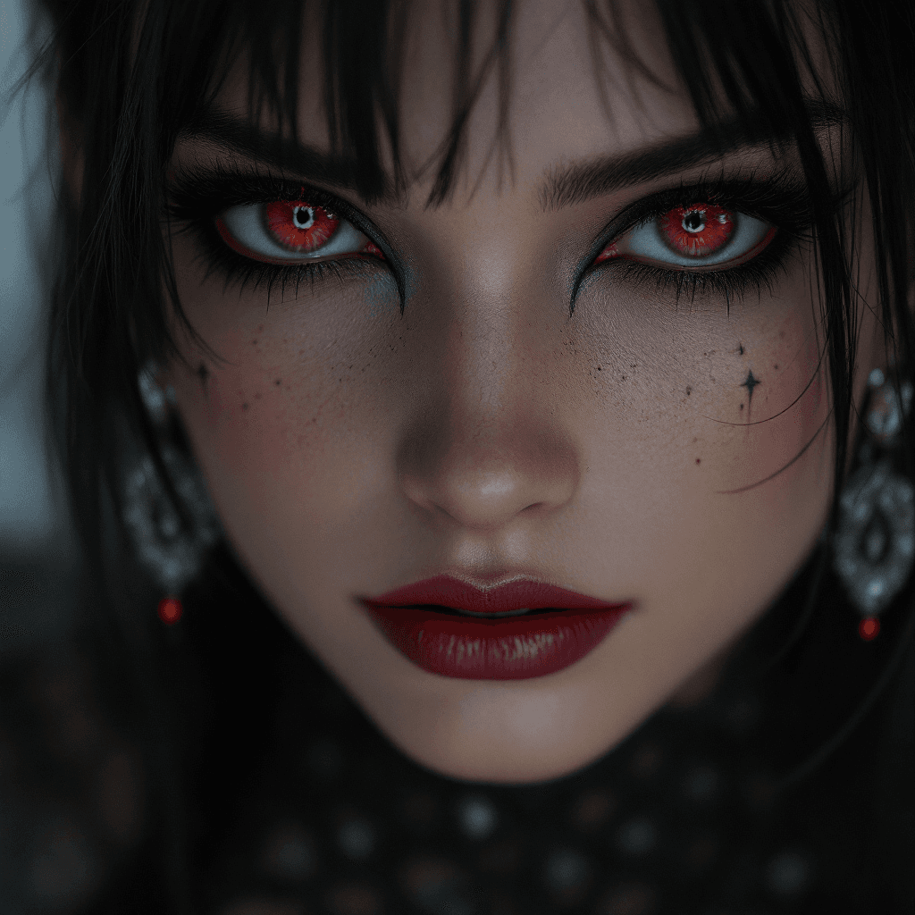 AI generated: a woman with red eyes, black goth makeup, in the style of realism with fantasy elements, daz3d, fine...
