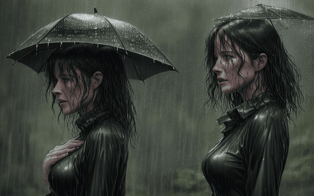 AI generated: ((dark)) view from the right side profil of the  green monochrome portrait of  a very very wet sophi...