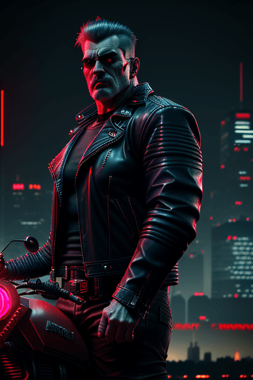 AI generated: Strong man, leather jacket, cyberpunk, dark indigo red light, agressive. octane render, trending on ...