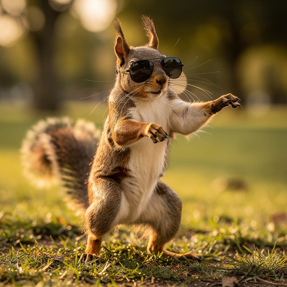 AI generated: real looking squirrel on two legs with sunglasses dancing to the beat