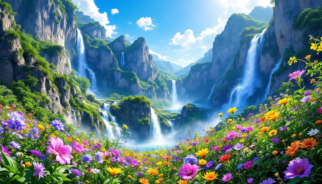 AI generated: Digital artwork depicting a breathtaking landscape with a vibrant and colorful style. The scene feat...