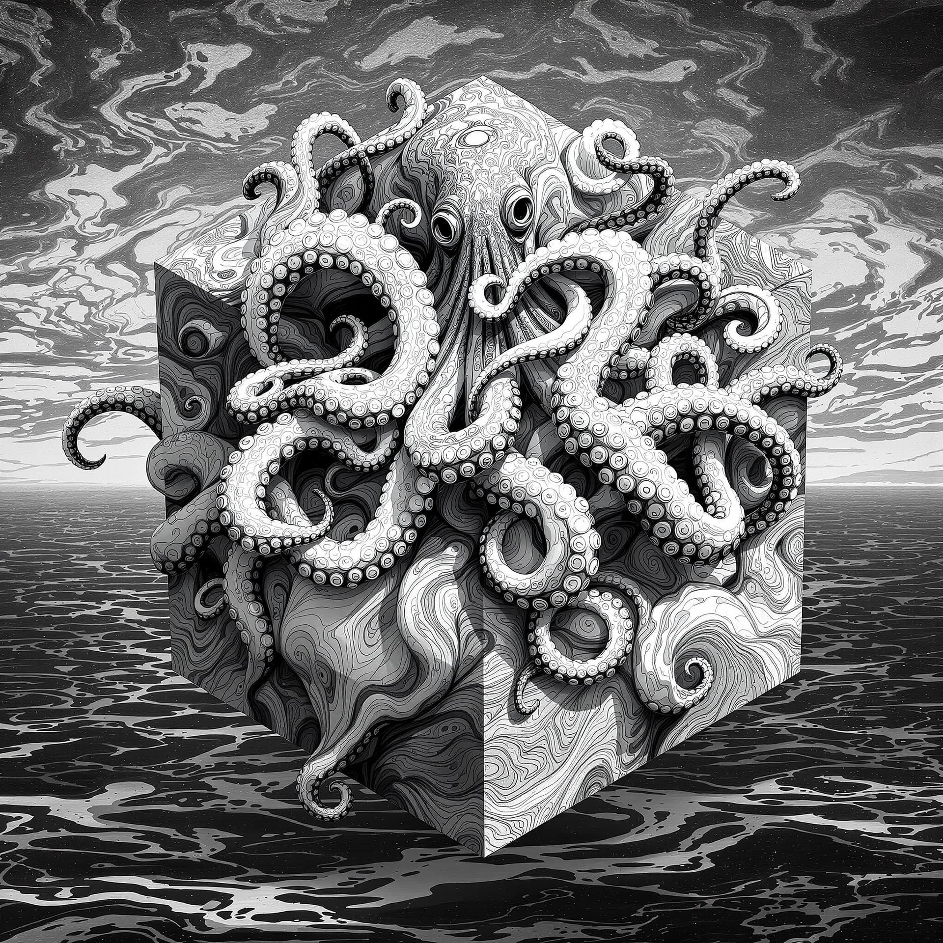 AI generated: surrealist abstract sculpture, floating cubic sculptures layered with elaborate swirling ink pattern...