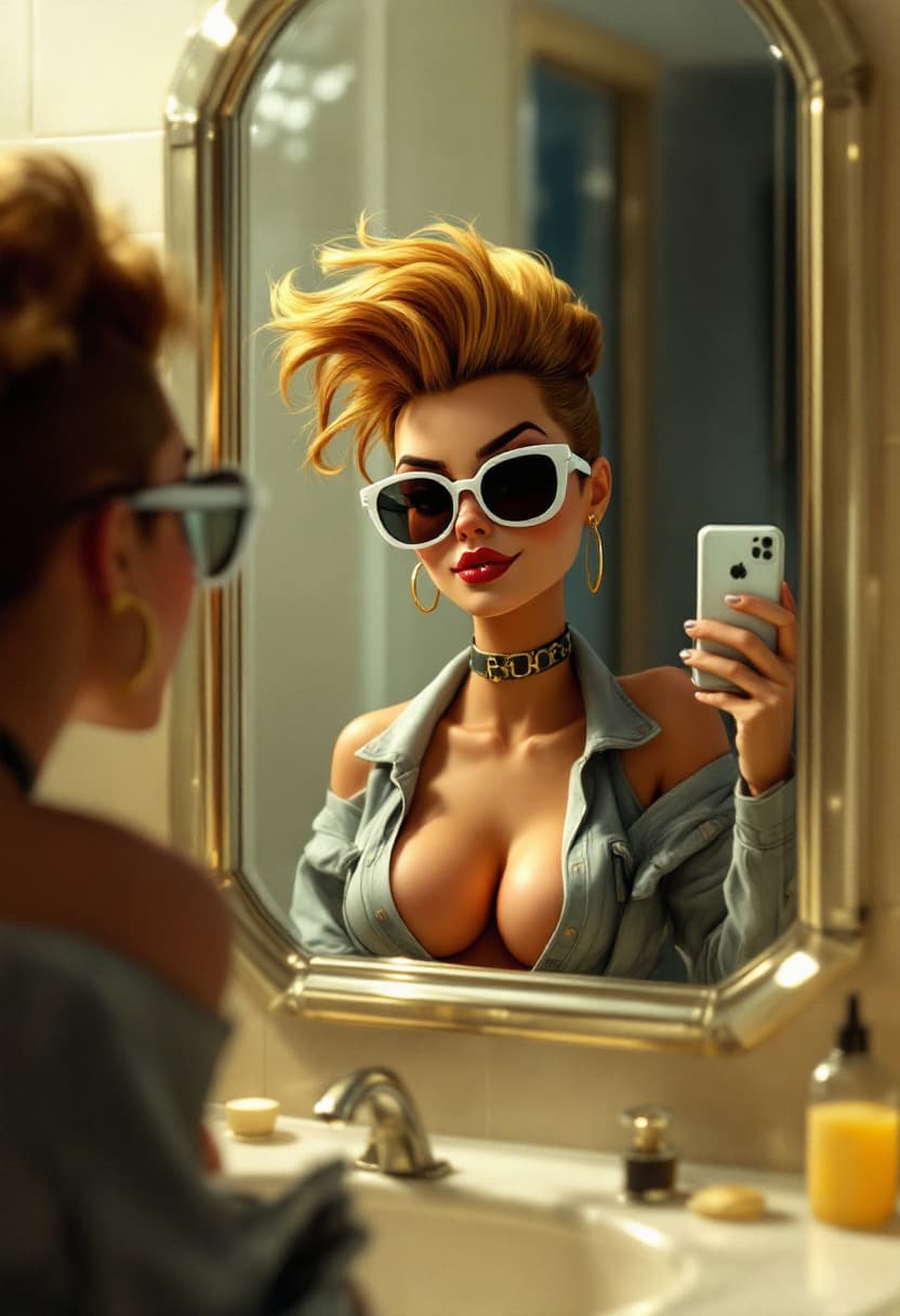AI generated: a realistic mirror selfie from Johnny Bravo (animated character from cartoon network) with her tipic...