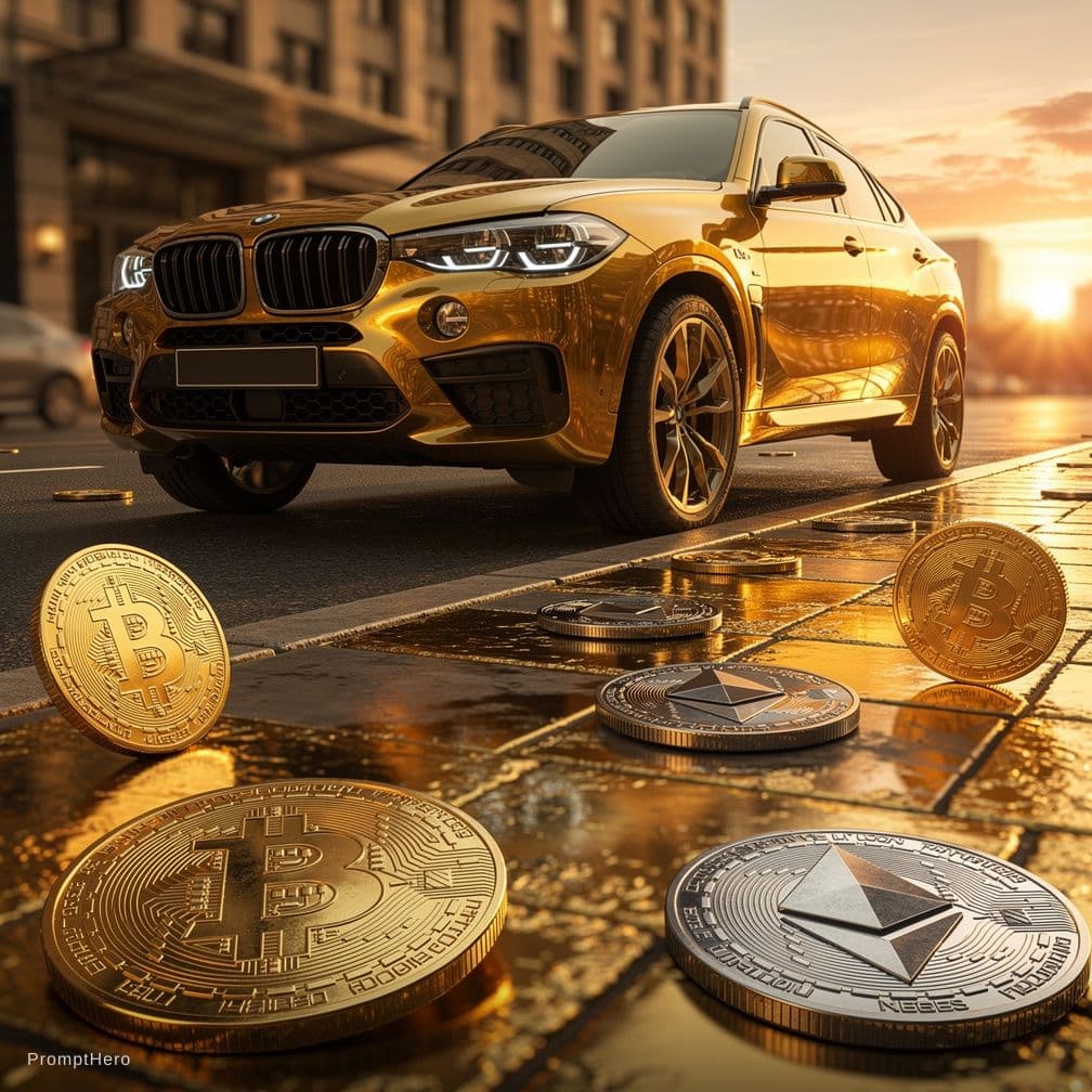 AI generated: carro BMW X6 en color oro, la calle es en color oro y hay muchas monedas de bitcoin, Ethereum, XRP