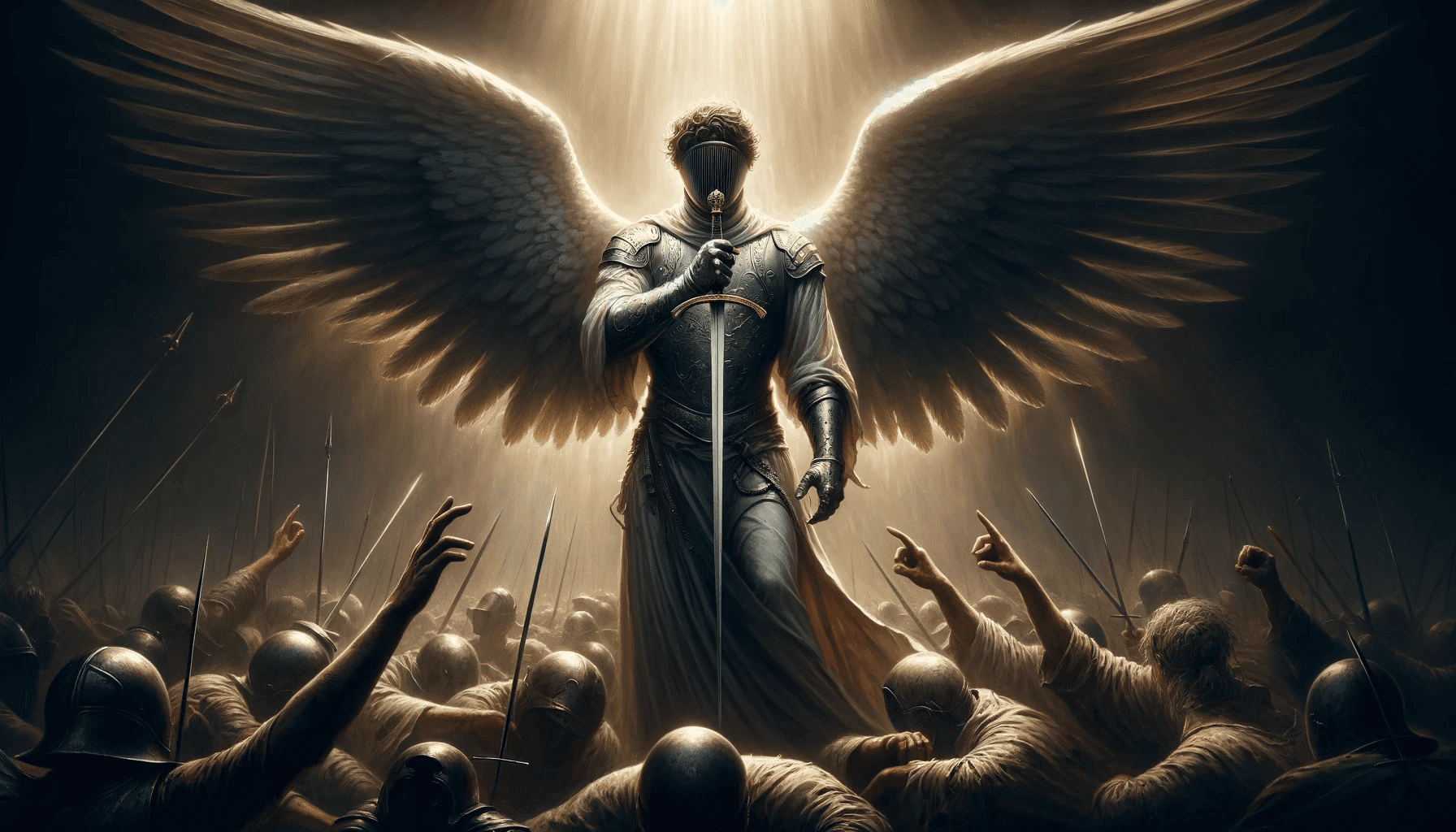 AI generated: Craft an Old Master painting-style image of an archangel who stands with an imposing presence on the...
