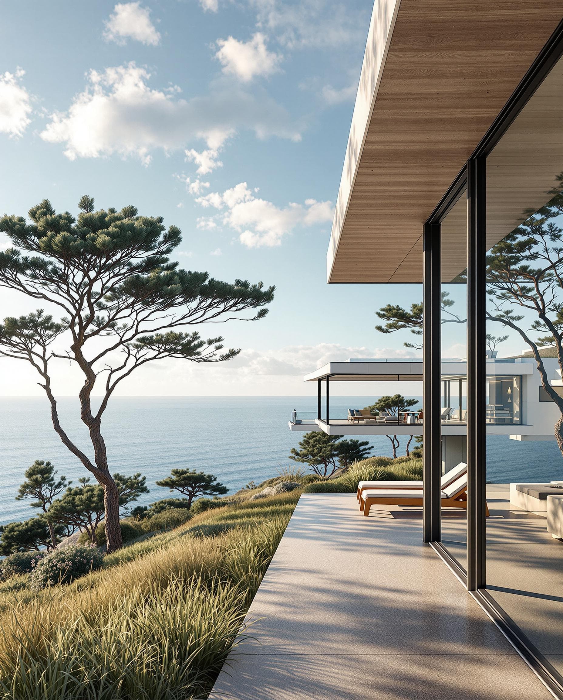 AI generated: Hyper realistic eye level exterior photo of a mid century modern style house overlooking the ocean, ...