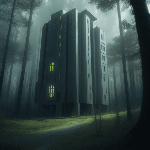 AI generated: scifi forest with building and ghost