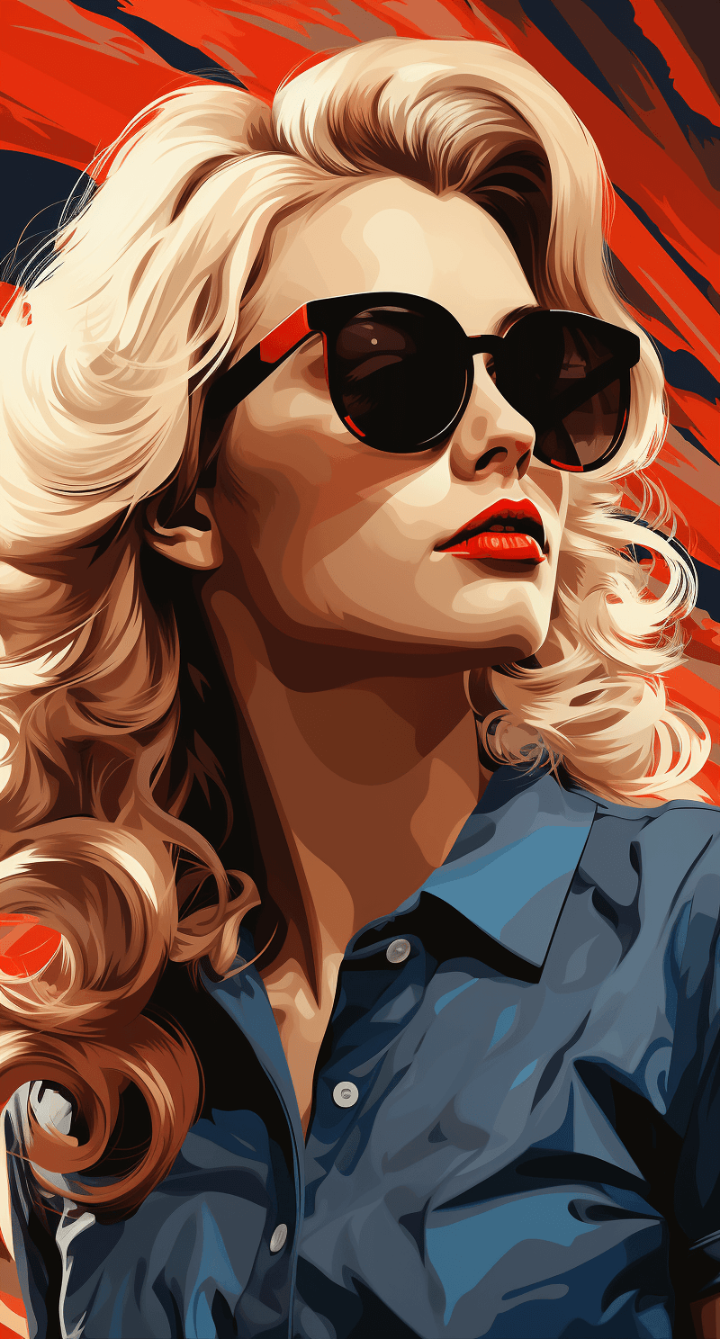 AI generated: stunning woman from the 50s, long blond hair, blue eyes,rockabilly dress, summer, midcentury modern ...