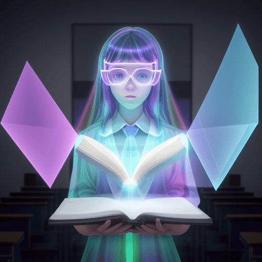 AI generated: holograma estudiante, aula, 
profesor