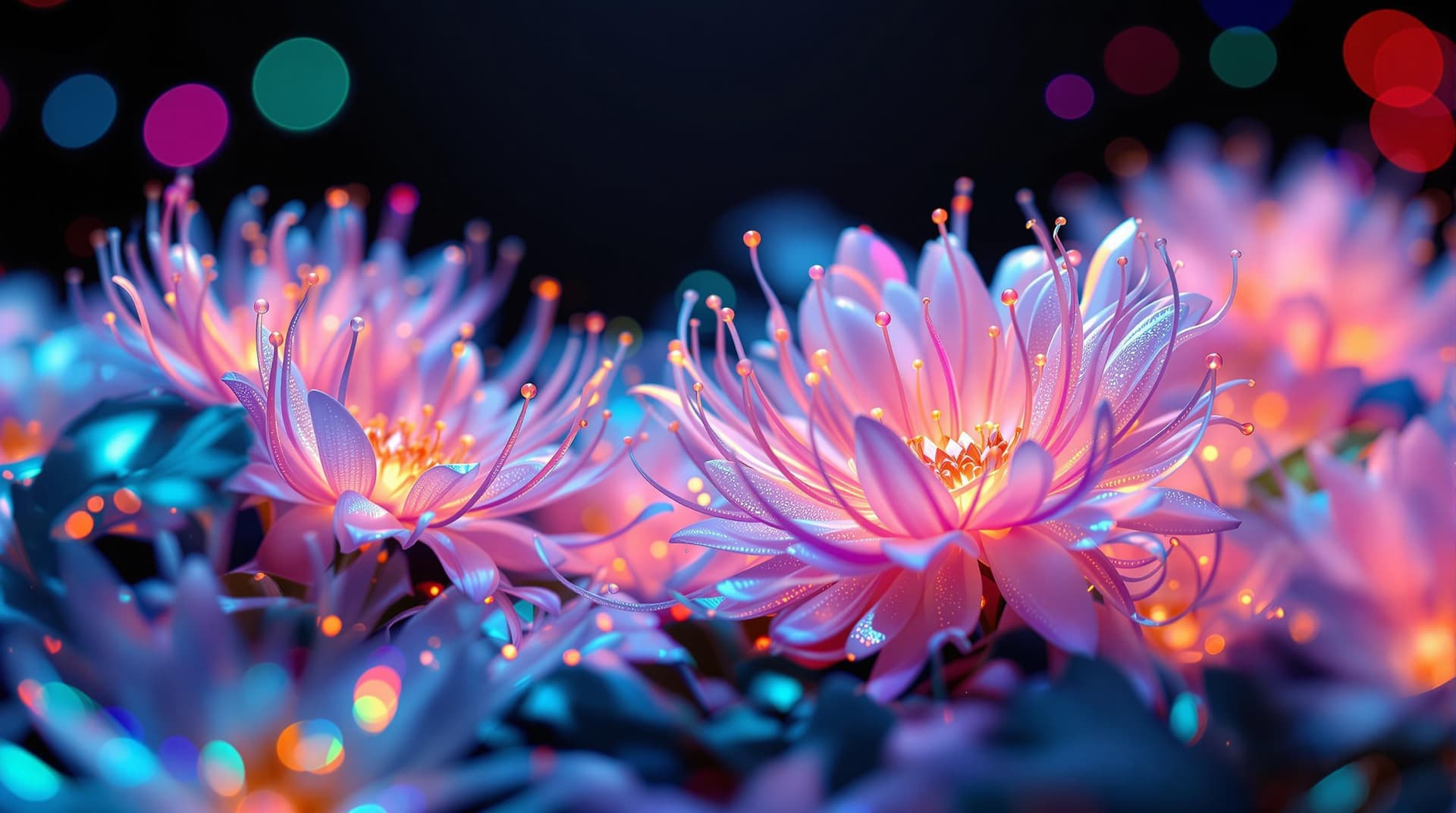 AI generated:  fictive 3d flowers bed close up from a dynamic, Unexpected angle, with a sea anemone shape, translu...