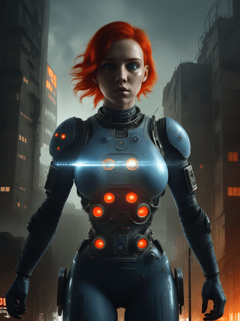AI generated: front view, upper body, retro and vintage technology, detailed body, blue eye detailed, red hair det...