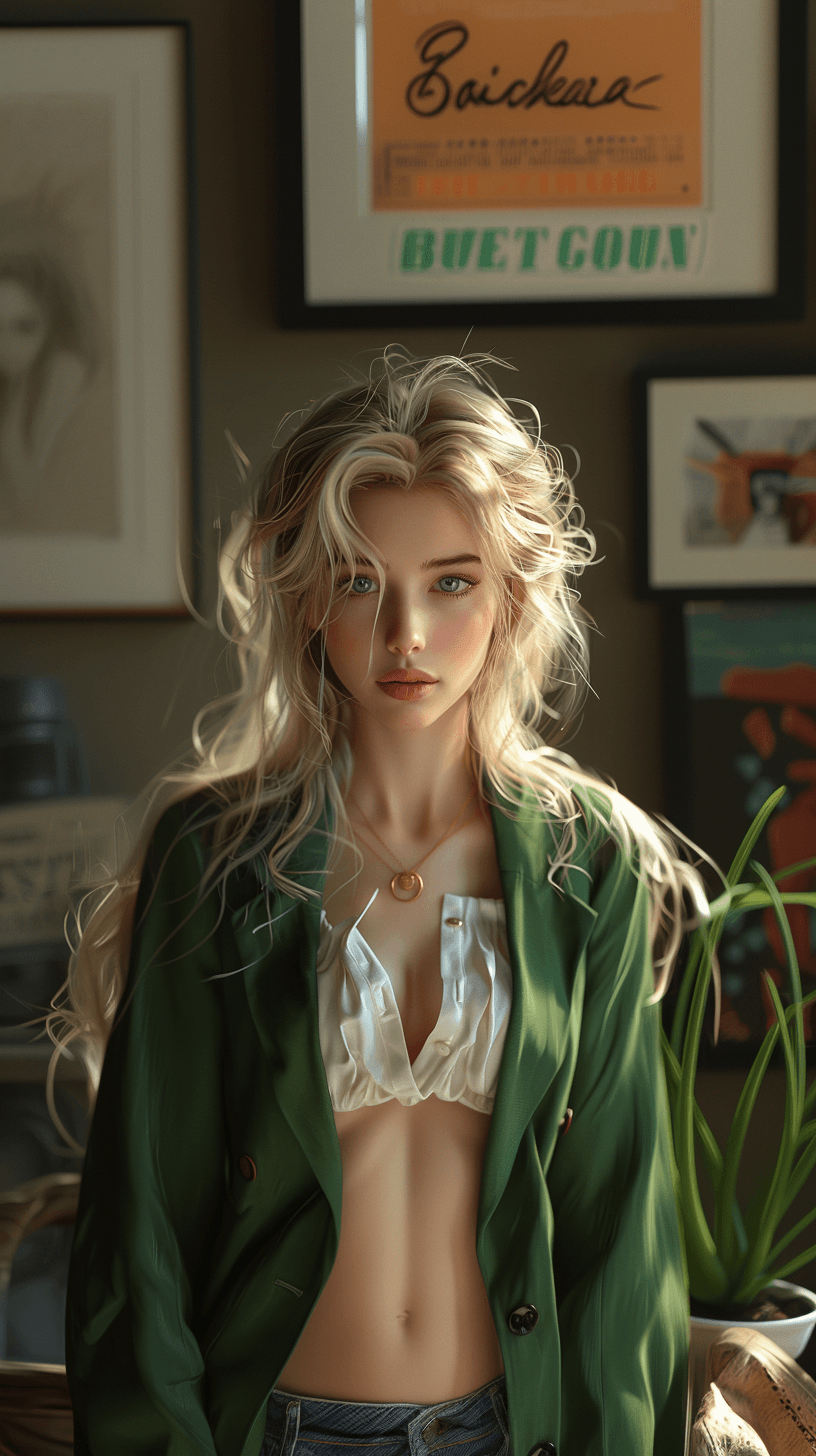 AI generated: 
girl with long platinum blond hair in green blazer and white blouse, azure eyes, shy smile, in the...
