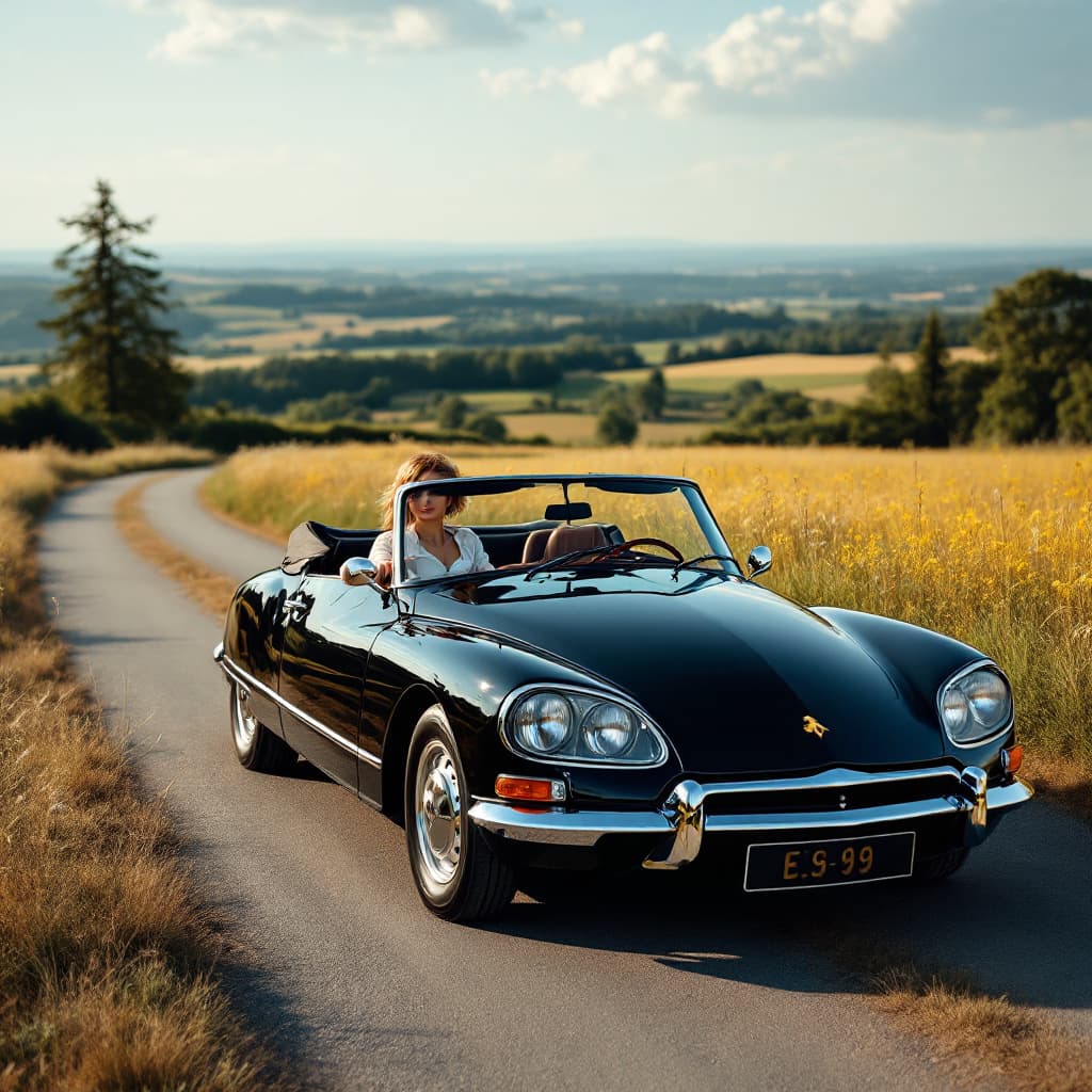 AI generated: gorgeous lady driving ,the Citroën DS 19 black Convertible, in the countryside, 