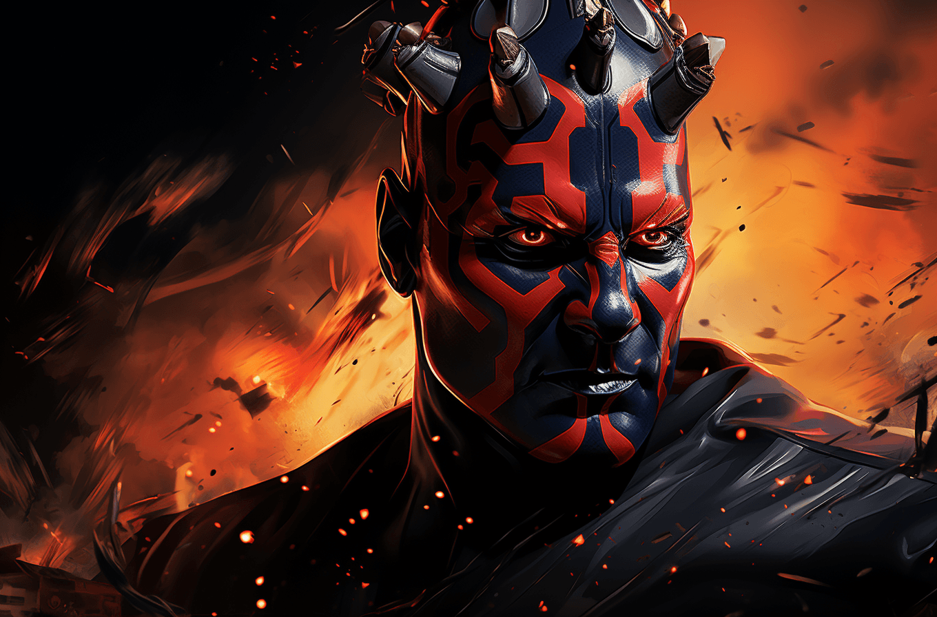 AI generated: darth maul faces with fire on background, in the style of devilcore, uhd image, red and black, neo-p...
