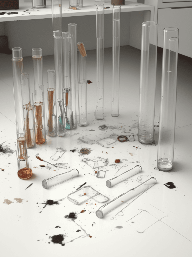 AI generated: misused lab: broken test tubes, spills from flasks on white floor, smoke
