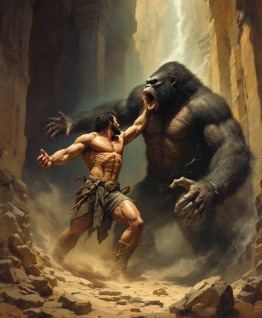 AI generated: An epic Frank Frazetta painting depicting the torso and head of a muscular man battling a giant ape ...