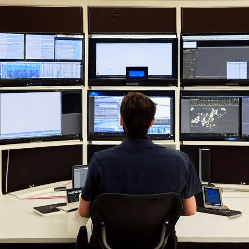 AI generated: a realistic photo of a 2 network engineer sitting in noc room,with multiple monitor screen, captured...