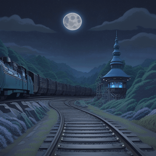 AI generated: ghibli studio inspired, fantasy world, cinematic, movie still, hand drawn, surreal, railroad tracks,...
