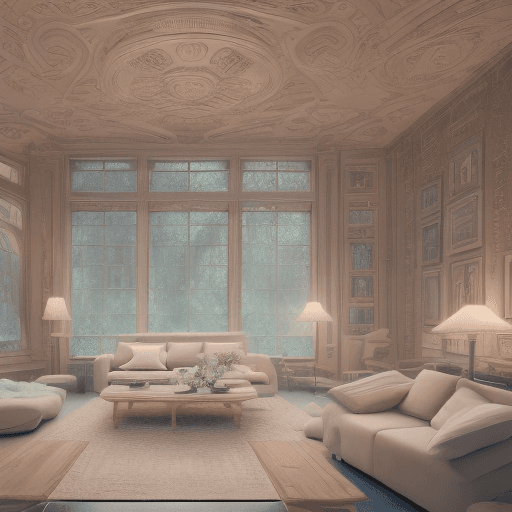 AI generated: High resolution photography interior design, dreamy sunken living room conversation pit, wooden floo...