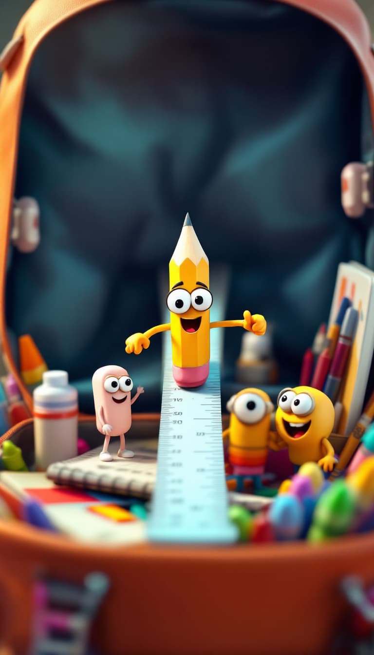 AI generated: "A 3D realistic cartoon-style scene inside a school bag. A determined pencil with googly eyes points...