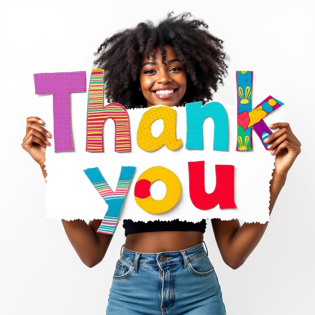 AI generated: full-body view Realistic African American Lady holding a sign that says "Thank you", each letter is ...