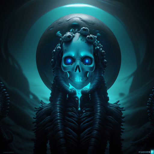 AI generated: Huminoid Ocean sci fi Horror, skull, gemstone eyes, creepy, bioluminescent, Kracken, octopus skin, p...