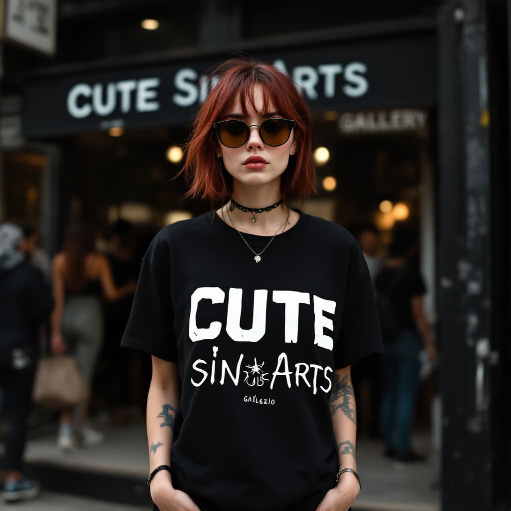 AI generated: A young Caucasian woman macroview with dark red hair, piercings, wearing sunglasses and a black t-sh...