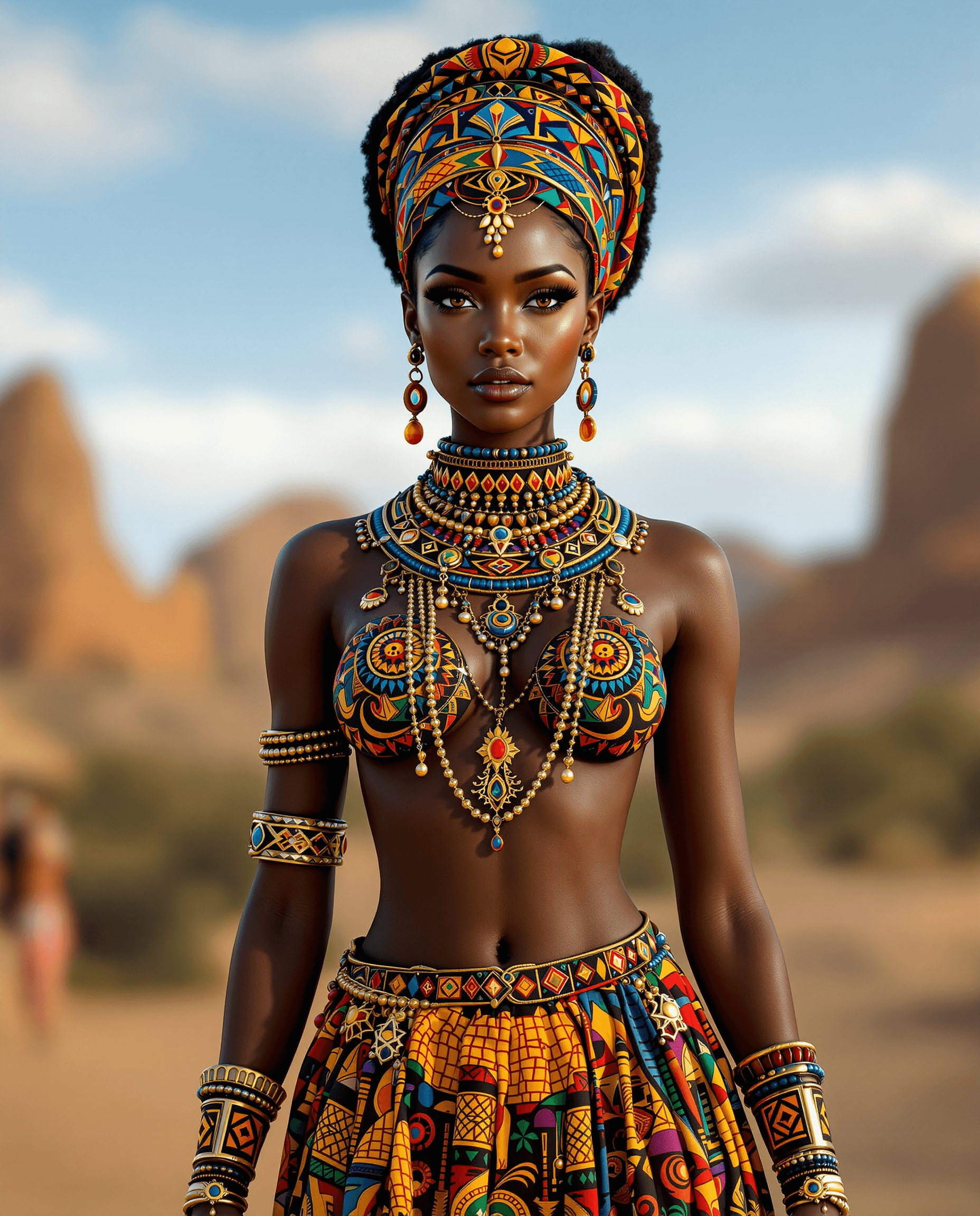 AI generated: Photo of a ultra realistic of an African queen of Sheba , very sultry look, so hot girl, beautiful c...