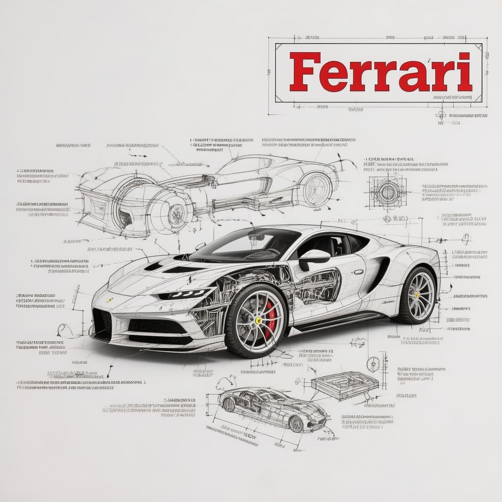 AI generated: Create an infographic image of ferrari, combining a realistic photograph or photorealistic render of...