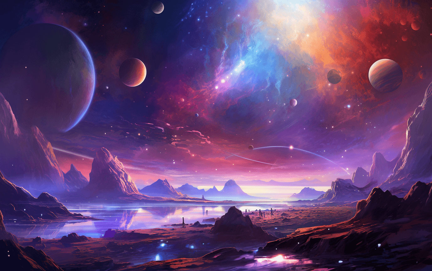 AI generated: a galaxy with blue water, a red star and many planets in one view, in the style of digital fantasy n...