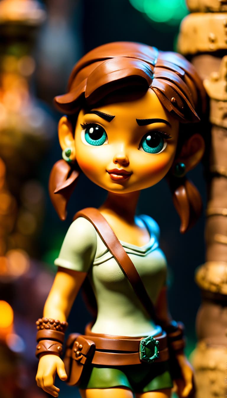 AI generated: Flat ornate illustration, close up, epoxy figurine, a cute girl cosplaying Lara Croft from Tomb Raid...