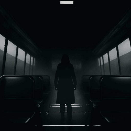 AI generated: shadowy figure stepping into the glossy black school bus from behind, large in frame, glowing lights...