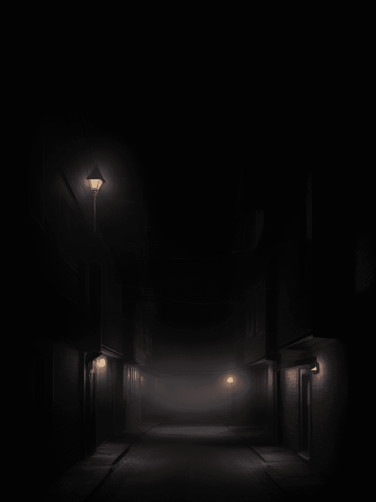 AI generated: glossy black school bus in the middle of the night, in an alley,  glowing lights, foggy, moonlight, ...