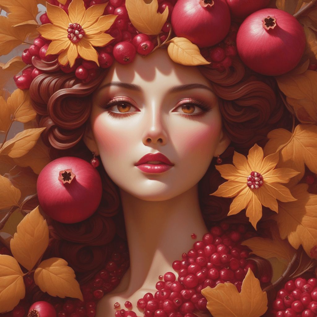 AI generated: autumn leaves and pomegranate chrysanthemum flowers at dawn baking cookies, face in focus, art nouve...