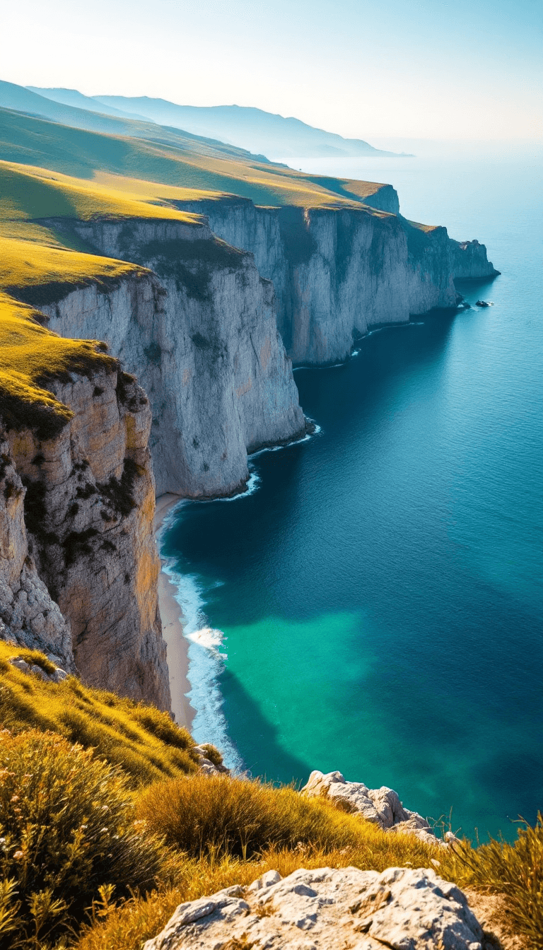 AI generated: A breathtaking aerial view of the Crimean coastline: towering limestone cliffs rising dramatically a...